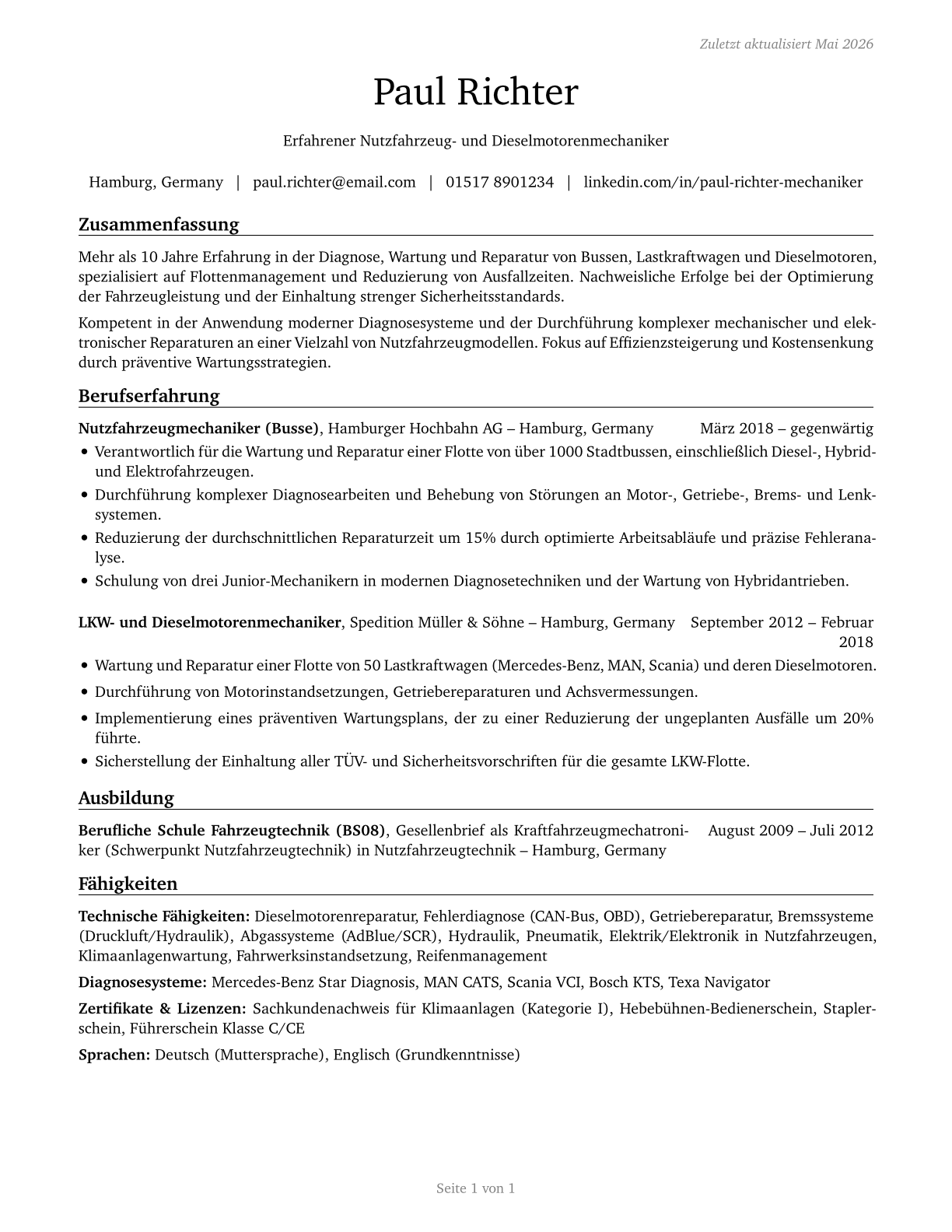 Bus and Truck Mechanics and Diesel Engine Specialists CV in German — page 1