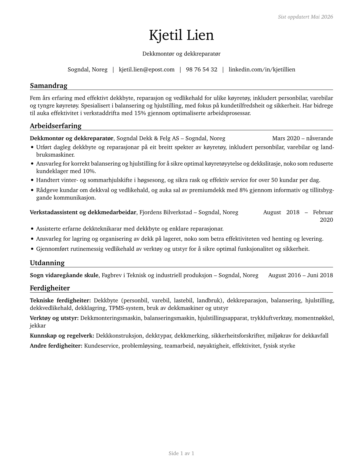 Tire Repairers and Changers CV in Norwegian_nynorsk — page 1
