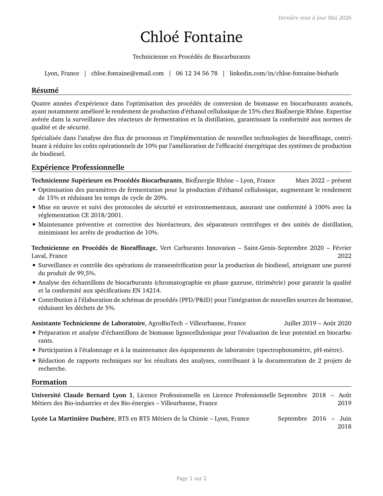 Biofuels Processing Technicians CV in French — page 1