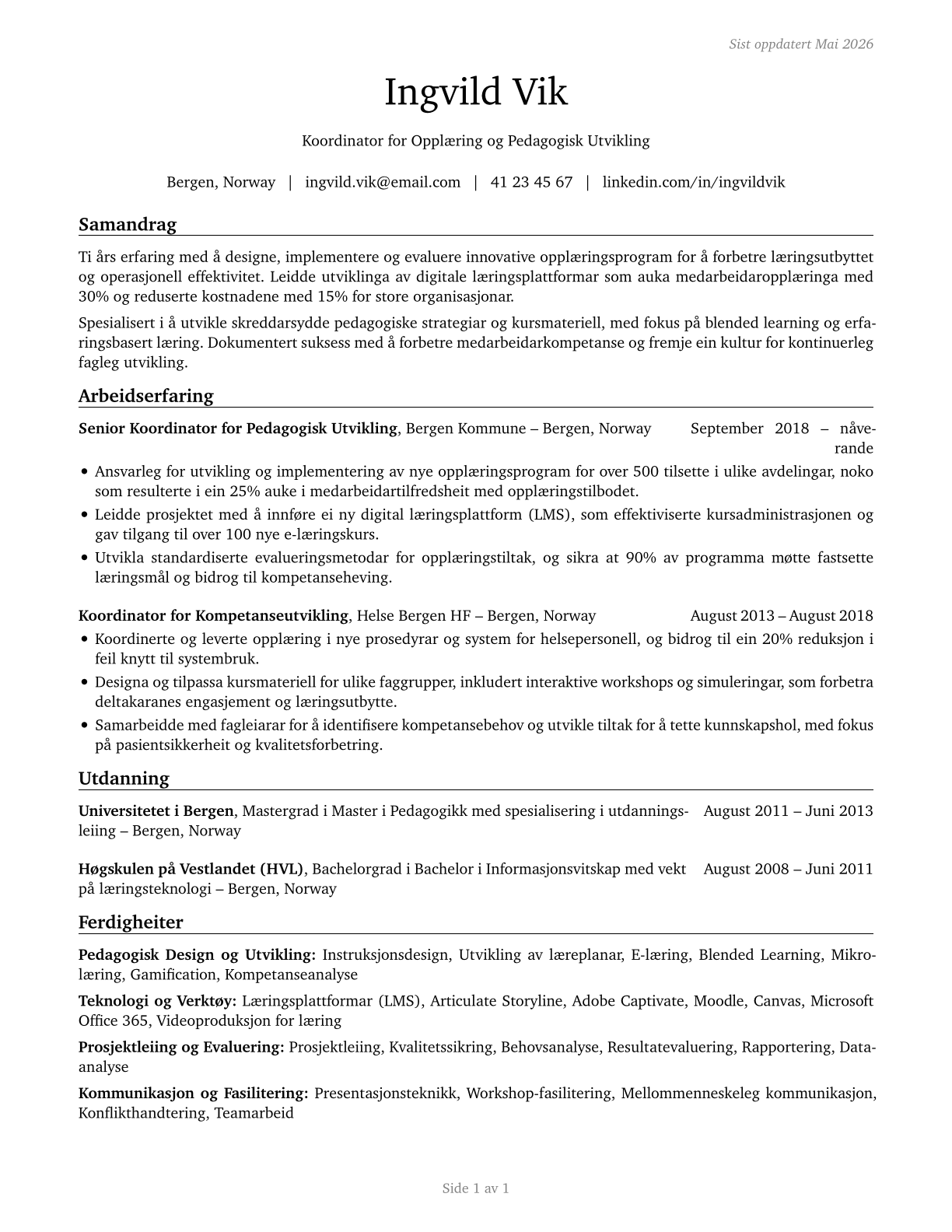 Instructional Coordinators CV in Norwegian_nynorsk — page 1