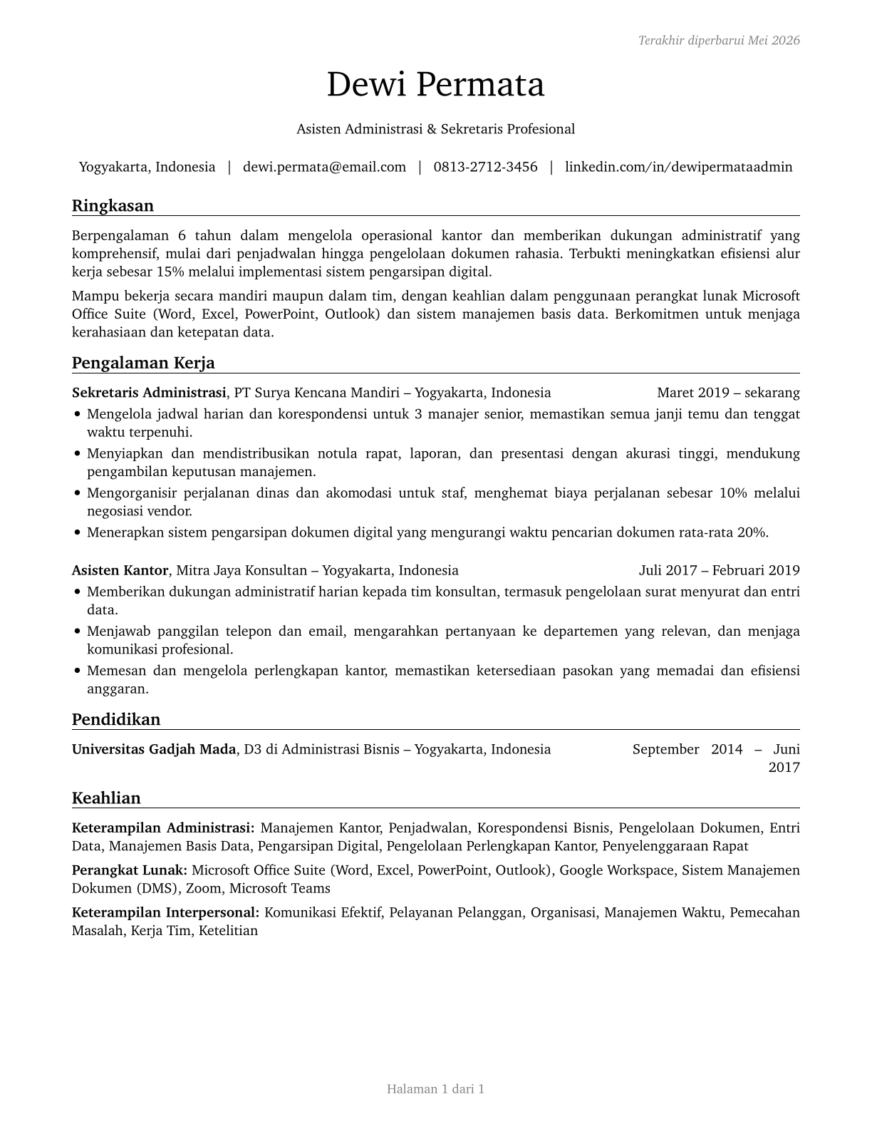 Secretaries and Administrative Assistants, Except Legal, Medical, and Executive CV in Indonesian — page 1