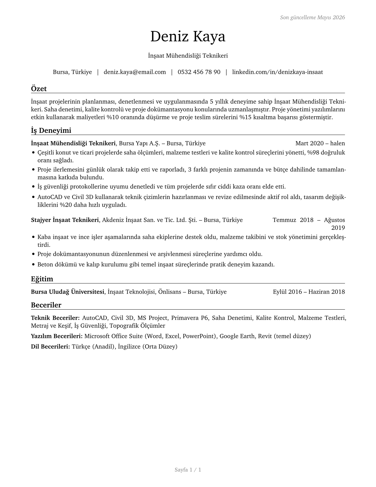 Civil Engineering Technologists and Technicians CV in Turkish — page 1