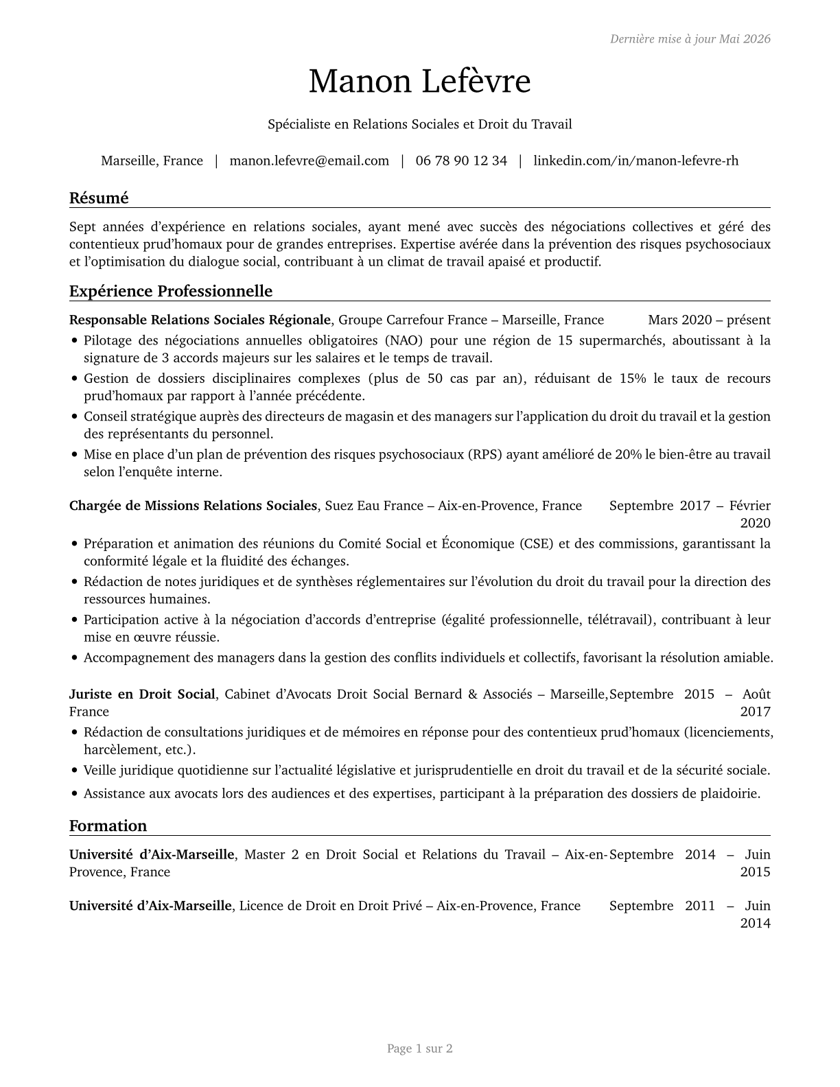 Labor Relations Specialists CV in French — page 1