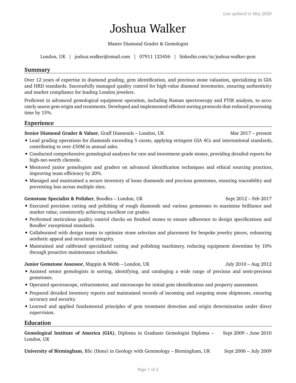 Gem and Diamond Workers CV in English — page 1