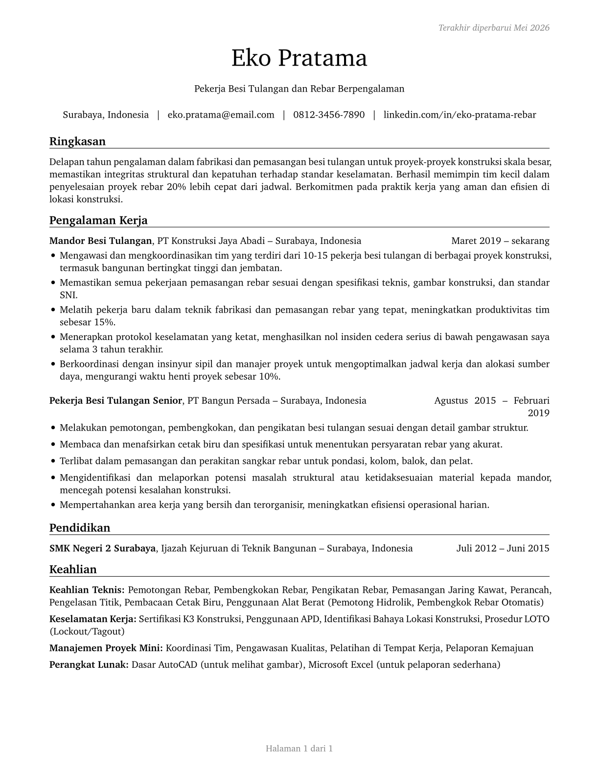 Reinforcing Iron and Rebar Workers CV in Indonesian — page 1