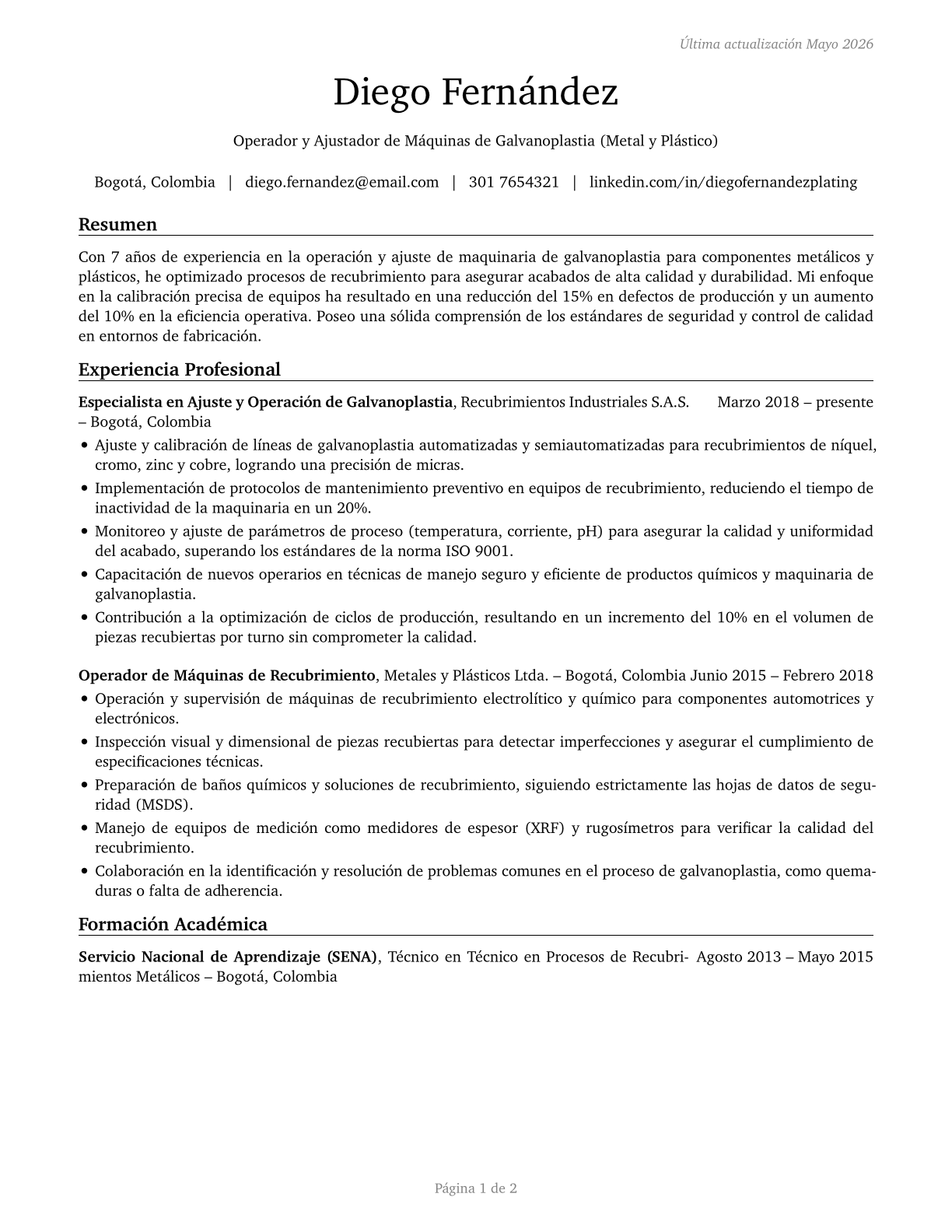 Plating Machine Setters, Operators, and Tenders, Metal and Plastic CV in Spanish — page 1