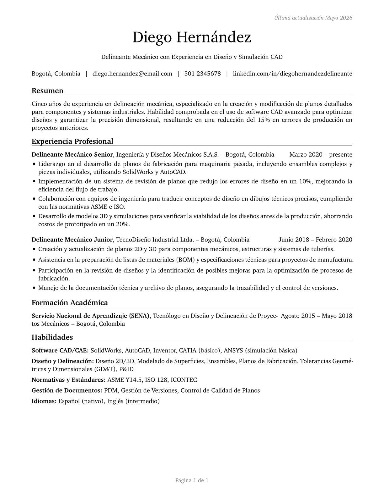 Mechanical Drafters CV in Spanish — page 1