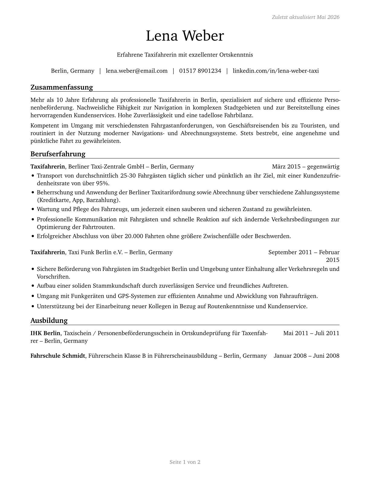 Taxi Drivers CV in German — page 1