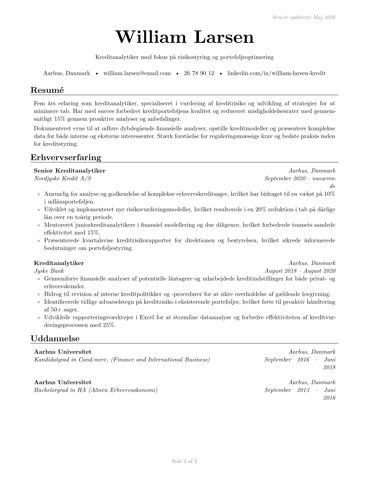 Credit Analysts CV in Danish — page 1