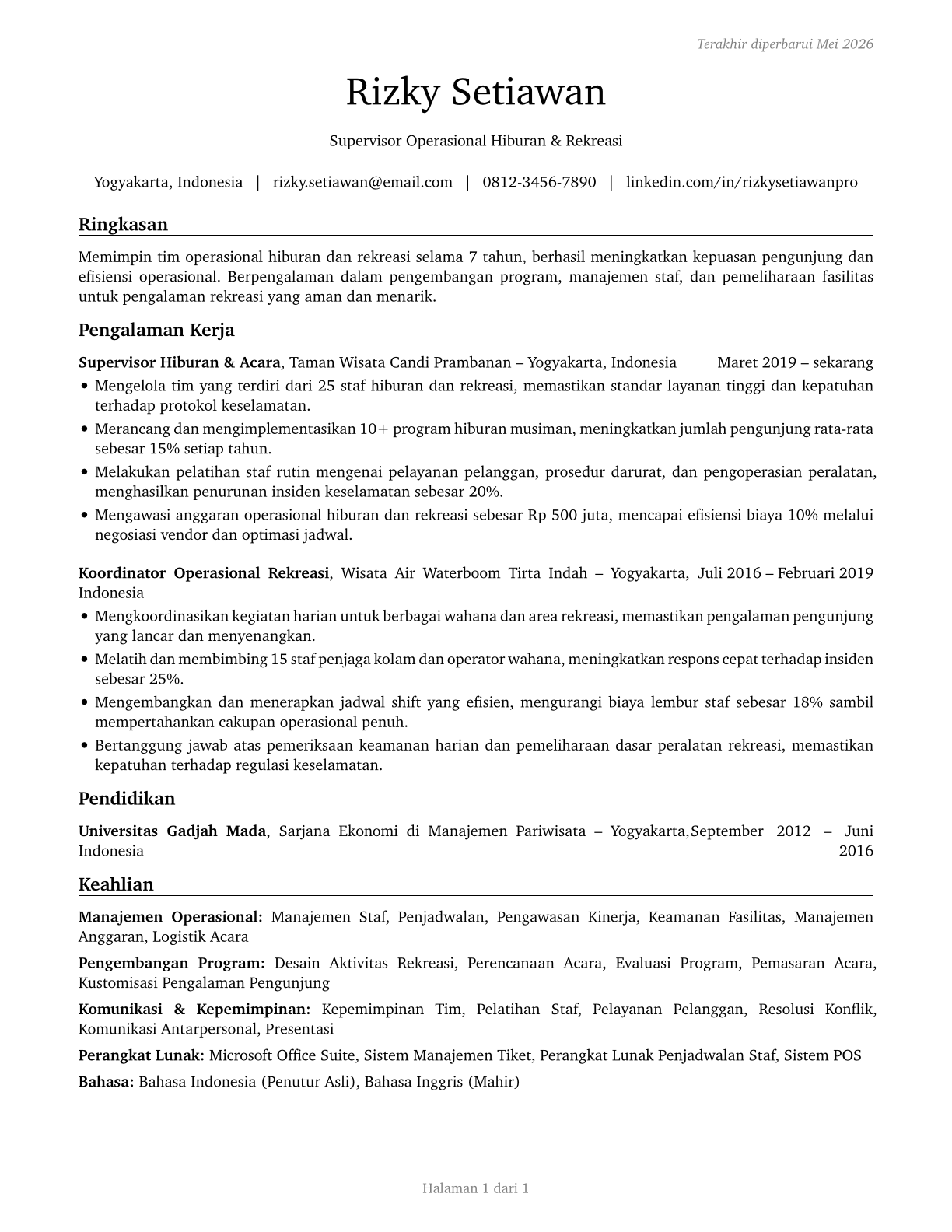First-Line Supervisors of Entertainment and Recreation Workers, Except Gambling Services CV in Indonesian — page 1