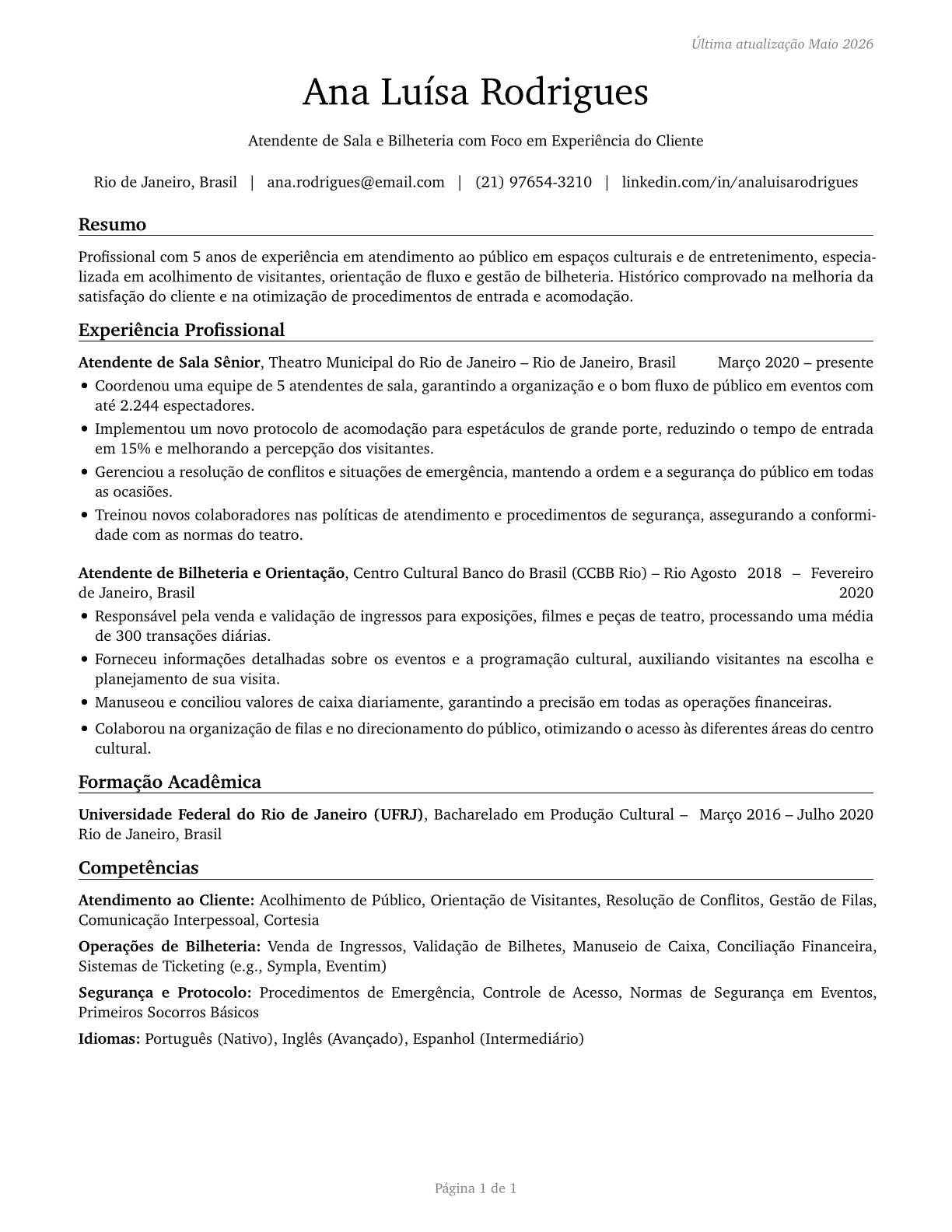 Ushers, Lobby Attendants, and Ticket Takers CV in Portuguese — page 1