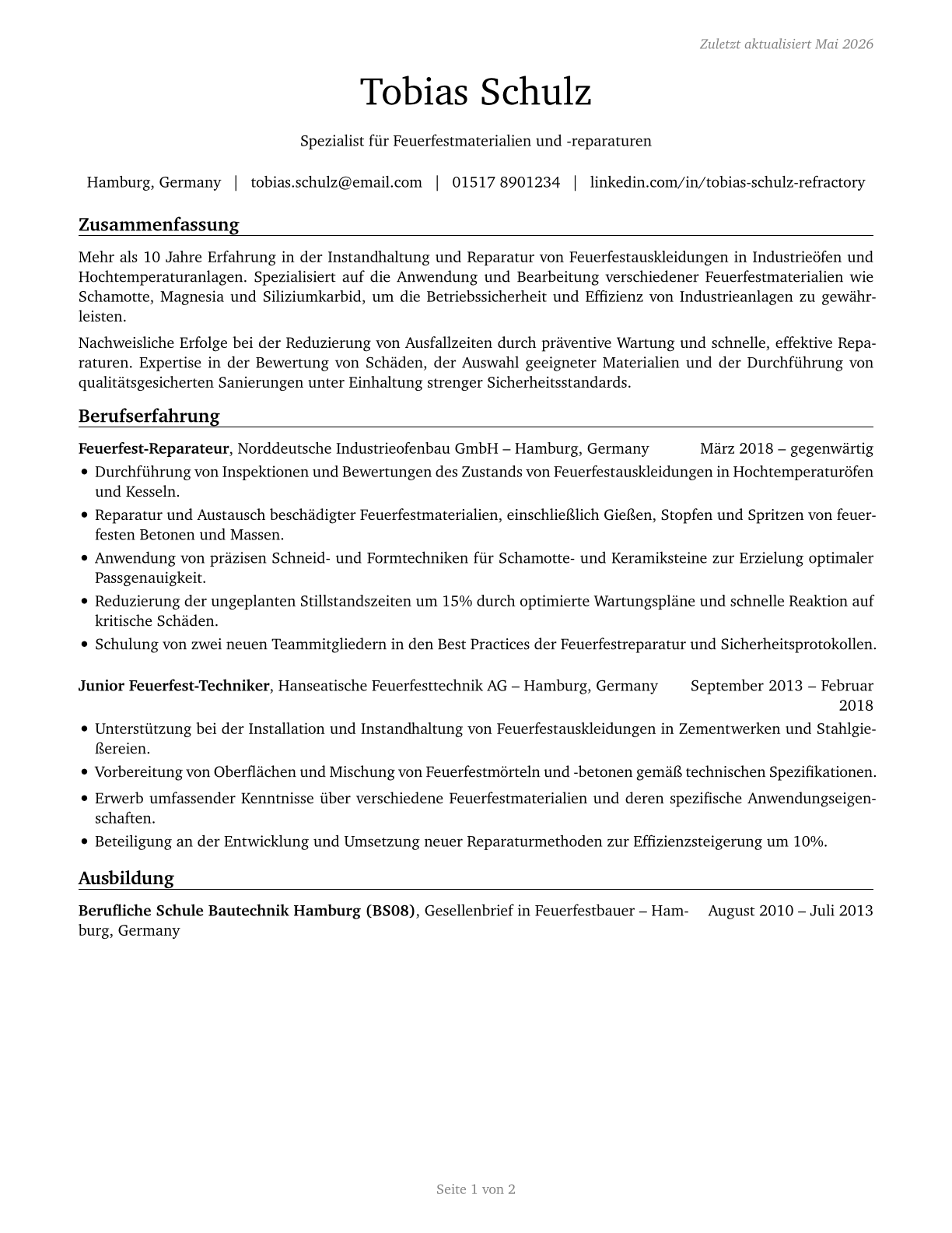 Refractory Materials Repairers, Except Brickmasons CV in German — page 1