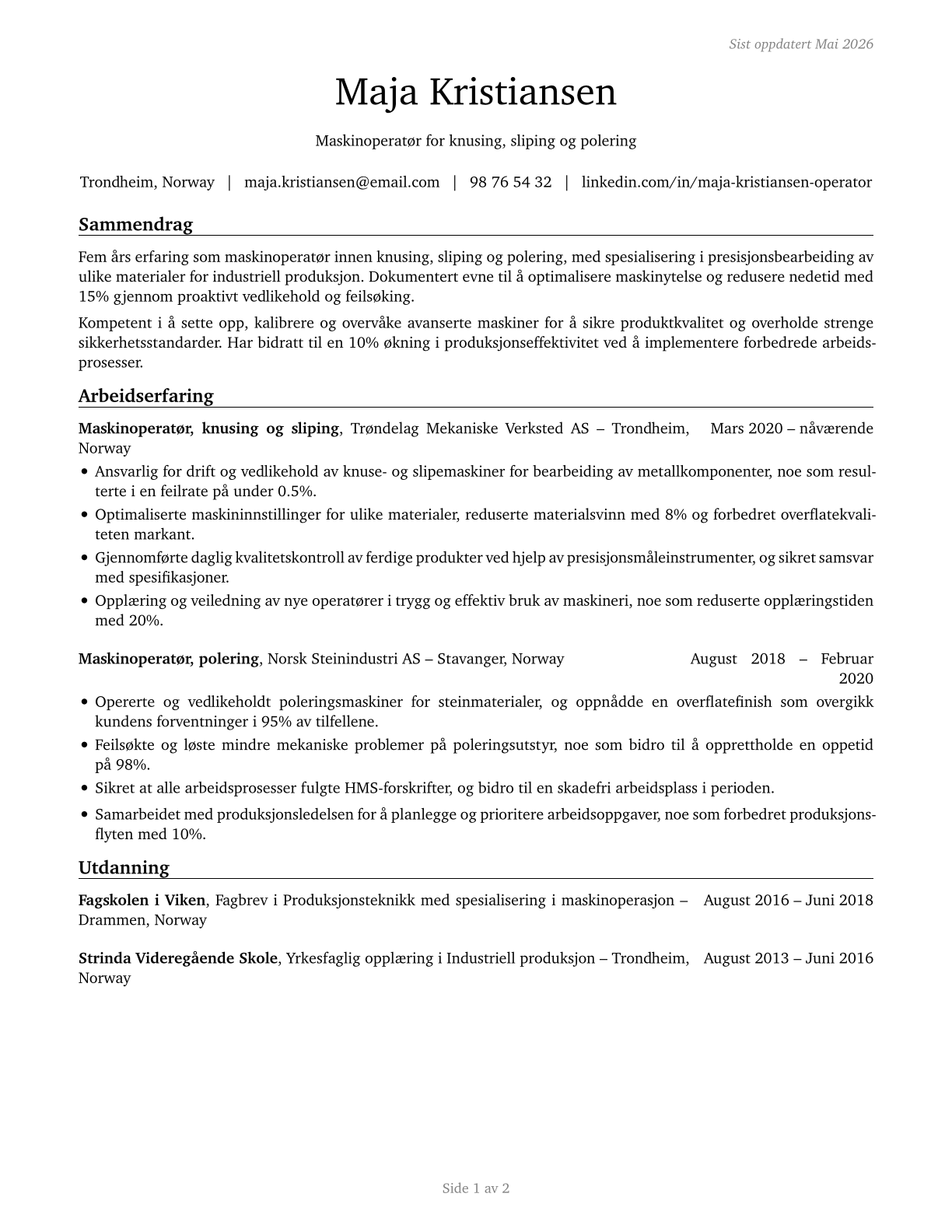 Crushing, Grinding, and Polishing Machine Setters, Operators, and Tenders CV in Norwegian_bokmal — page 1