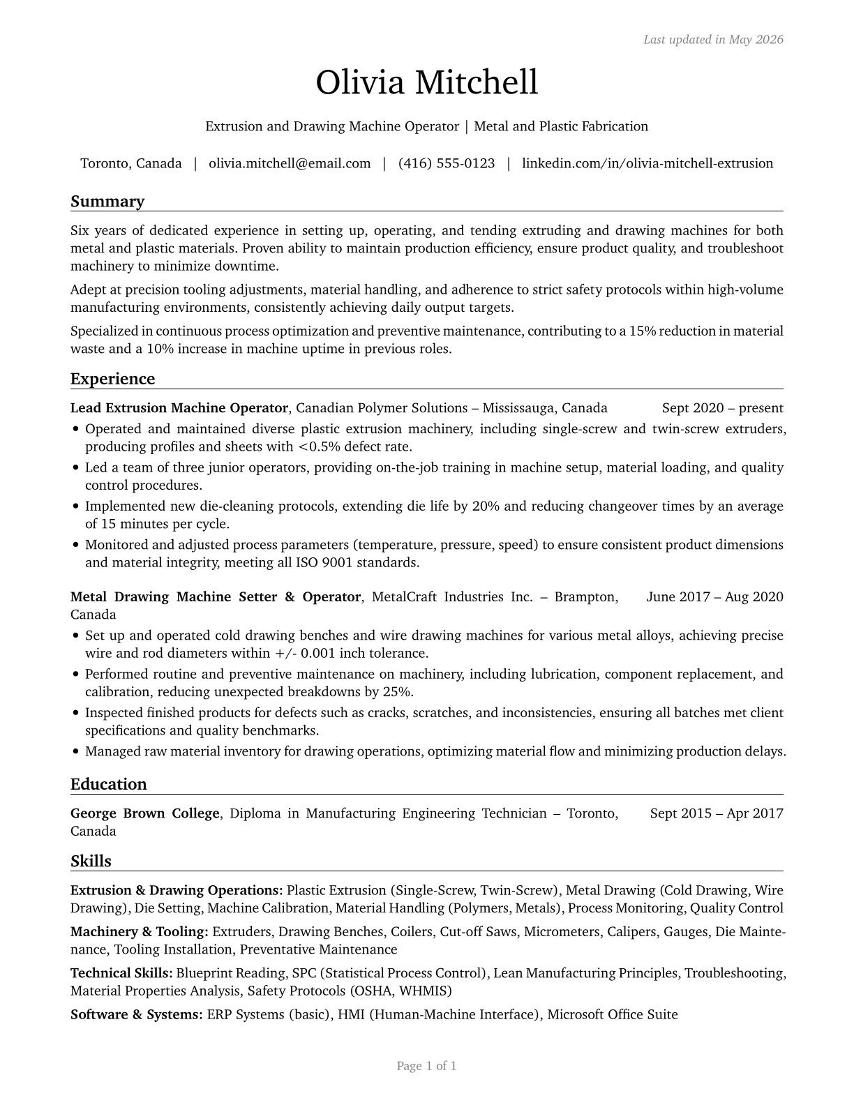 Extruding and Drawing Machine Setters, Operators, and Tenders, Metal and Plastic CV in English — page 1