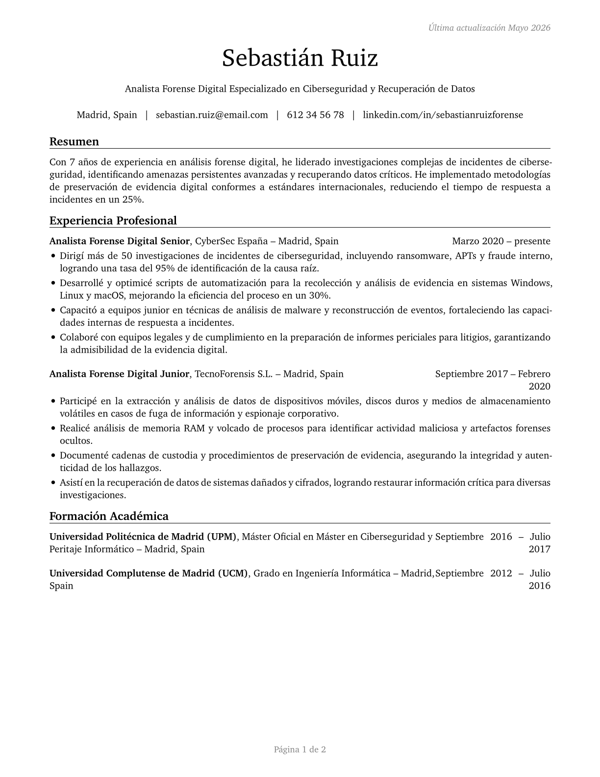 Digital Forensics Analysts CV in Spanish — page 1