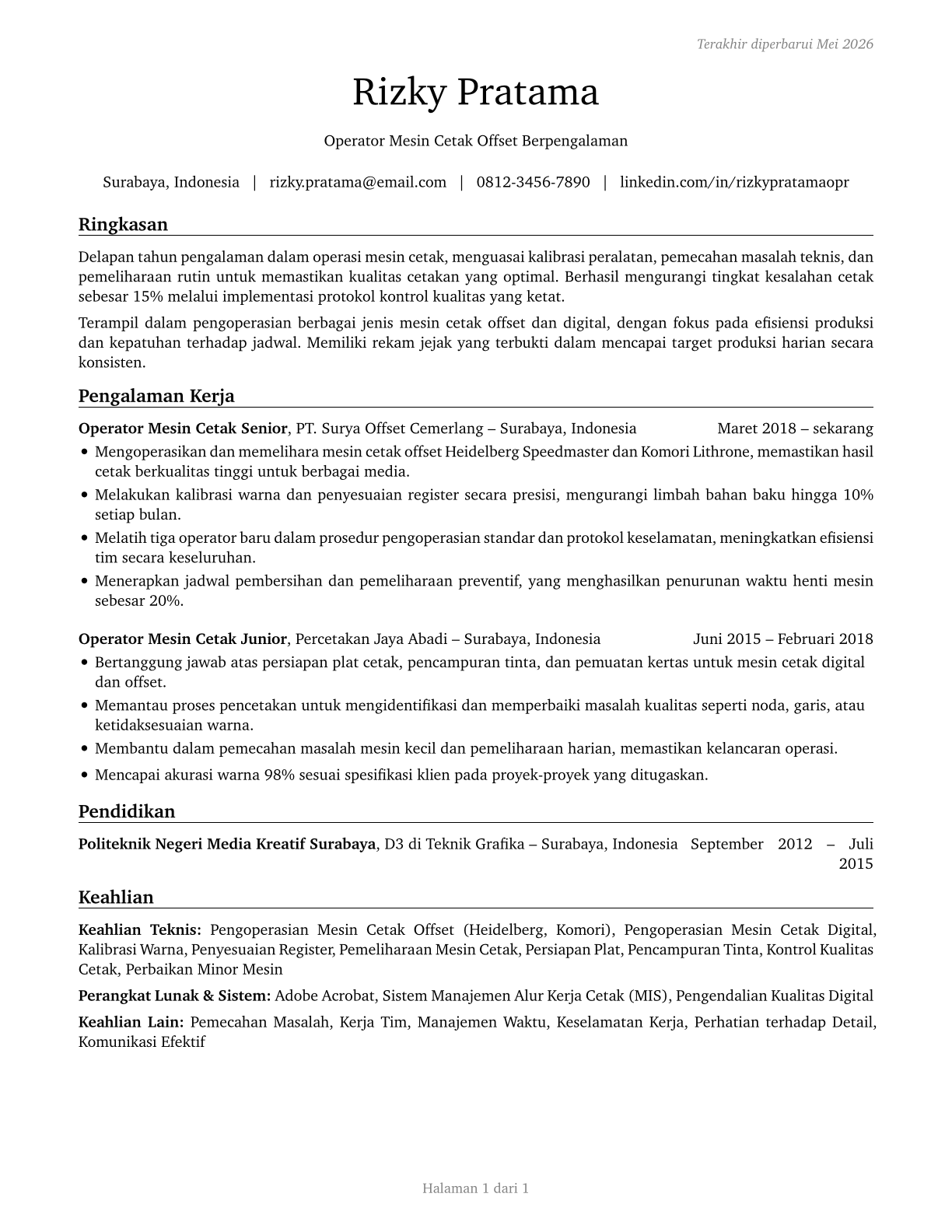 Printing Press Operators CV in Indonesian — page 1