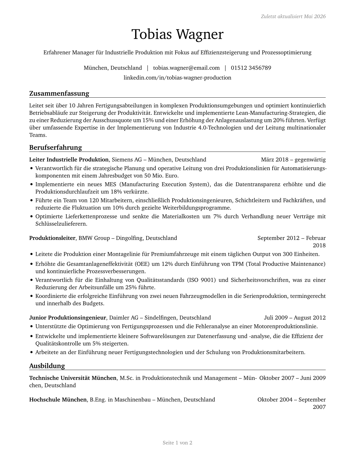 Industrial Production Managers CV in German — page 1