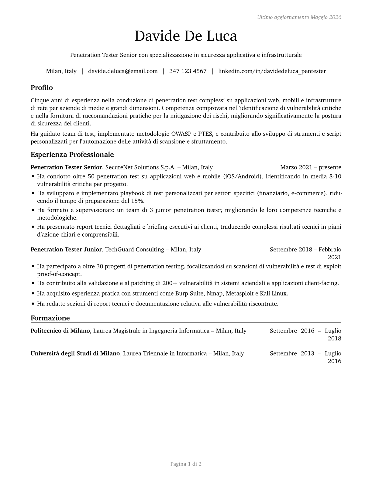 Penetration Testers CV in Italian — page 1