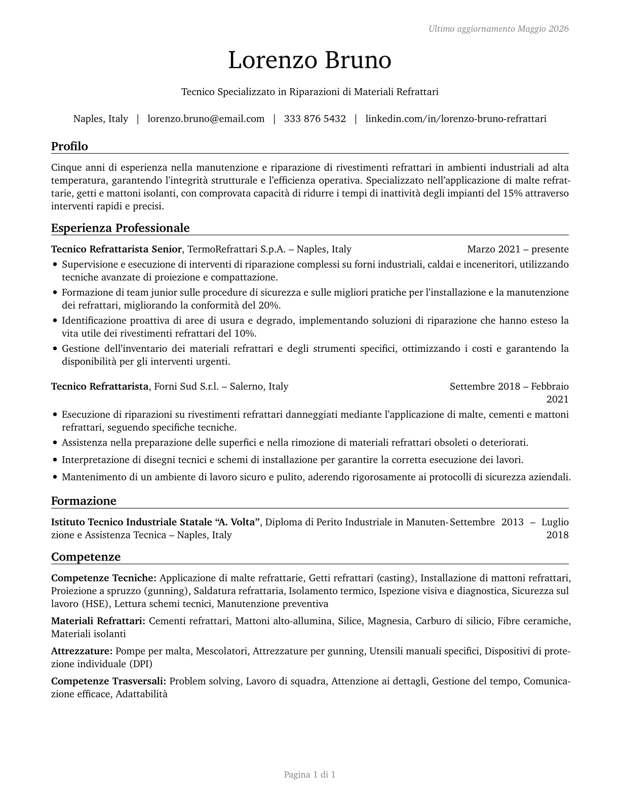 Refractory Materials Repairers, Except Brickmasons CV in Italian — page 1