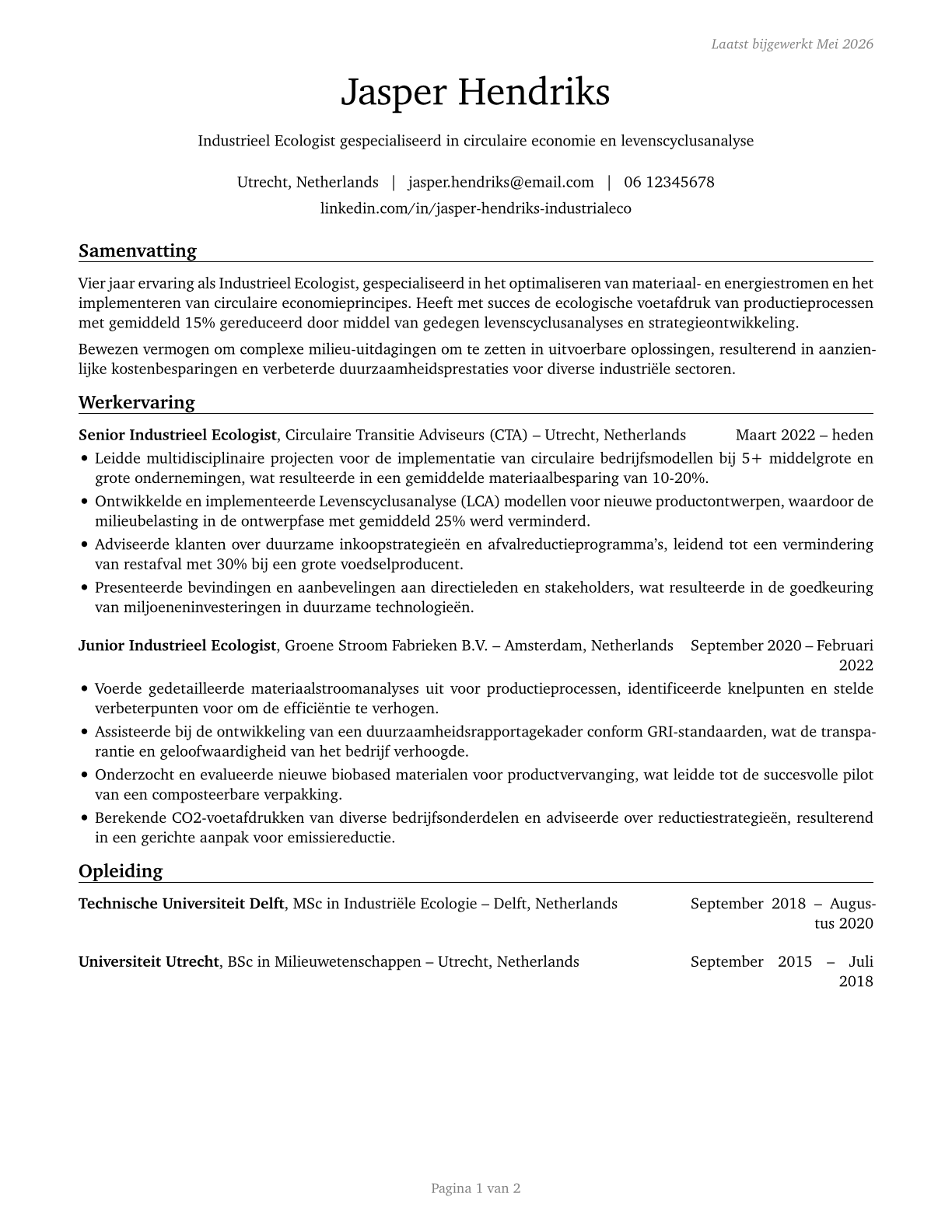 Industrial Ecologists CV in Dutch — page 1