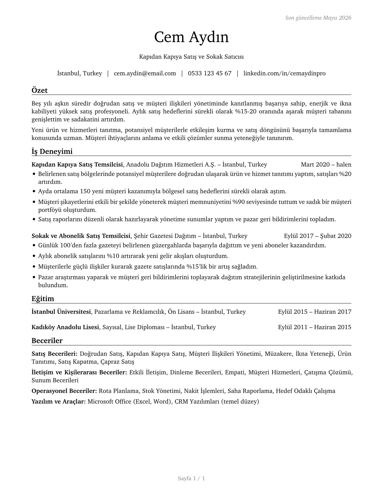 Door-to-Door Sales Workers, News and Street Vendors, and Related Workers CV in Turkish — page 1