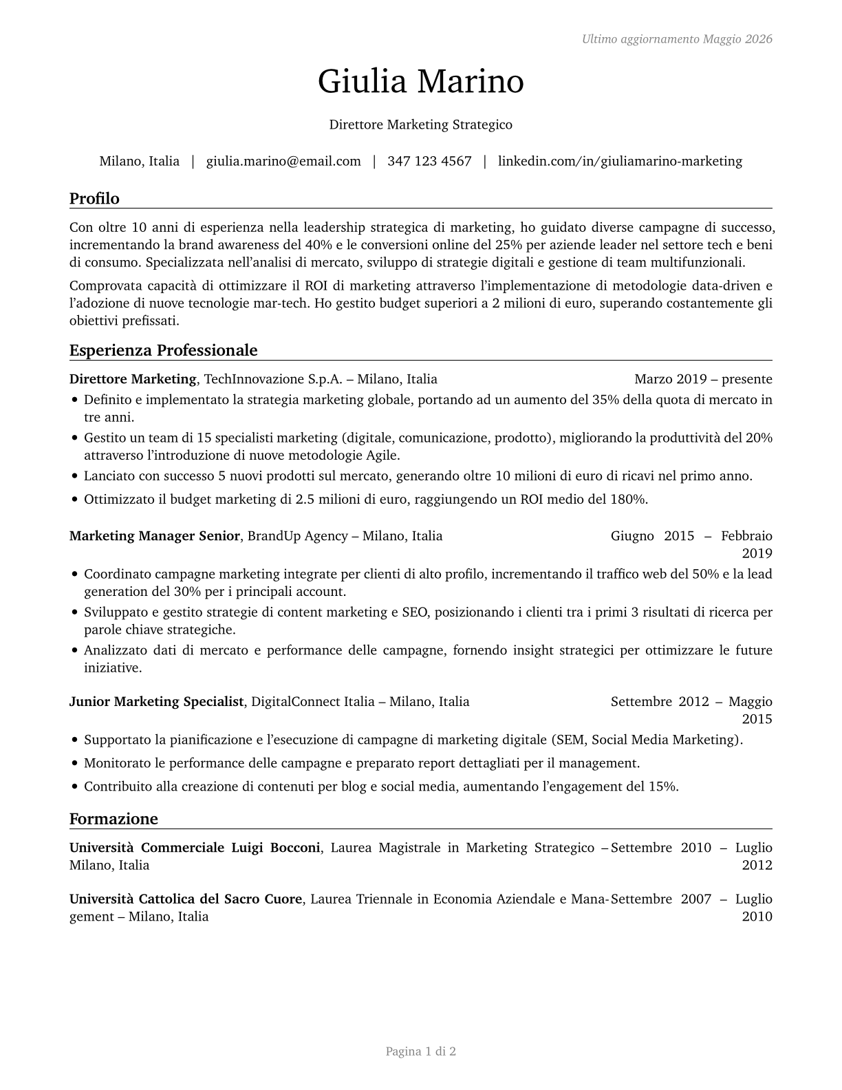 Marketing Managers CV in Italian — page 1