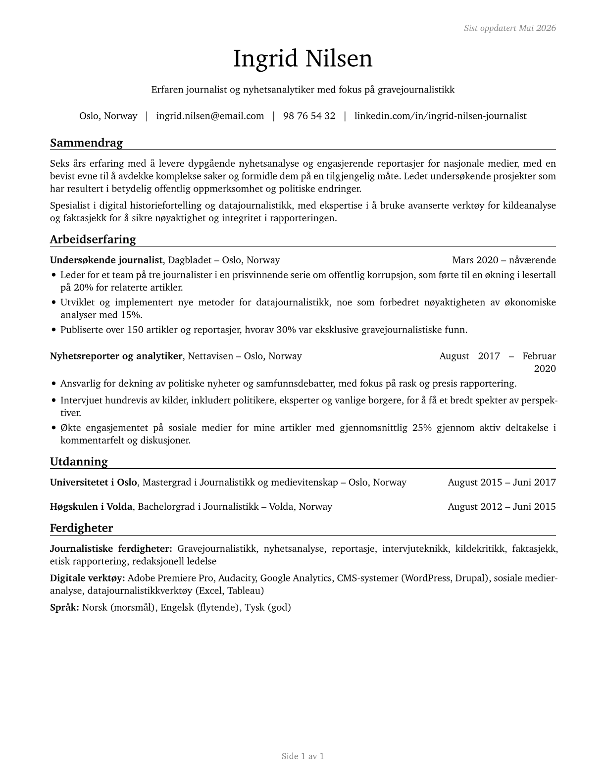 News Analysts, Reporters, and Journalists CV in Norwegian_bokmal — page 1