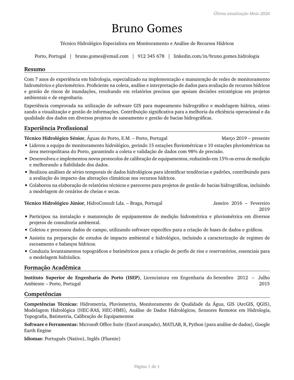 Hydrologic Technicians CV in Portuguese — page 1