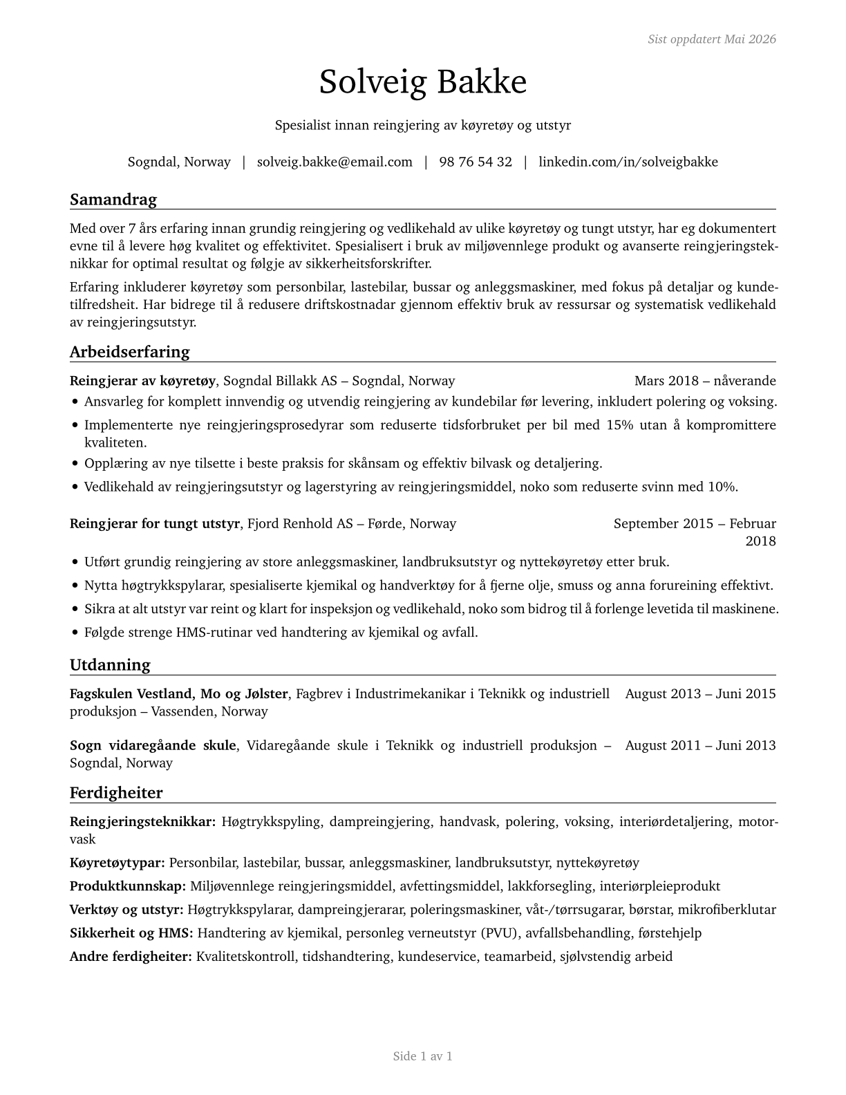 Cleaners of Vehicles and Equipment CV in Norwegian_nynorsk — page 1