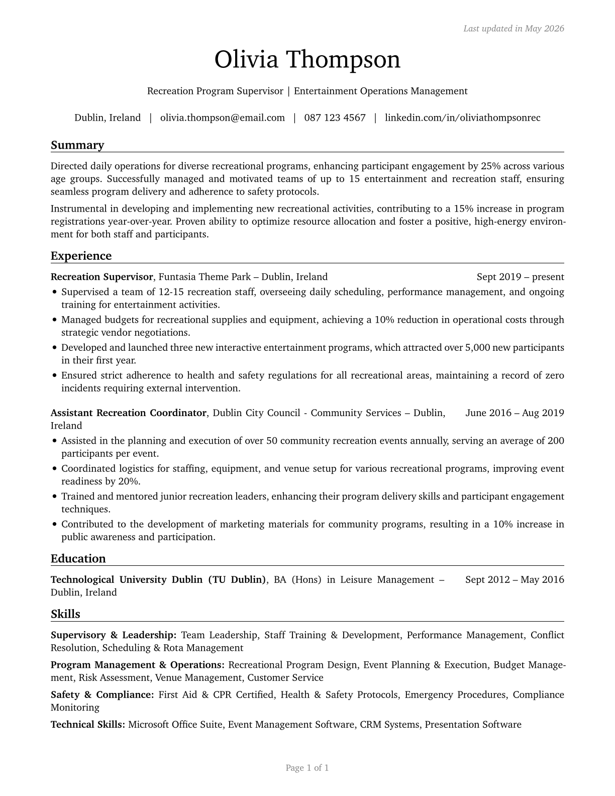 First-Line Supervisors of Entertainment and Recreation Workers, Except Gambling Services CV in English — page 1