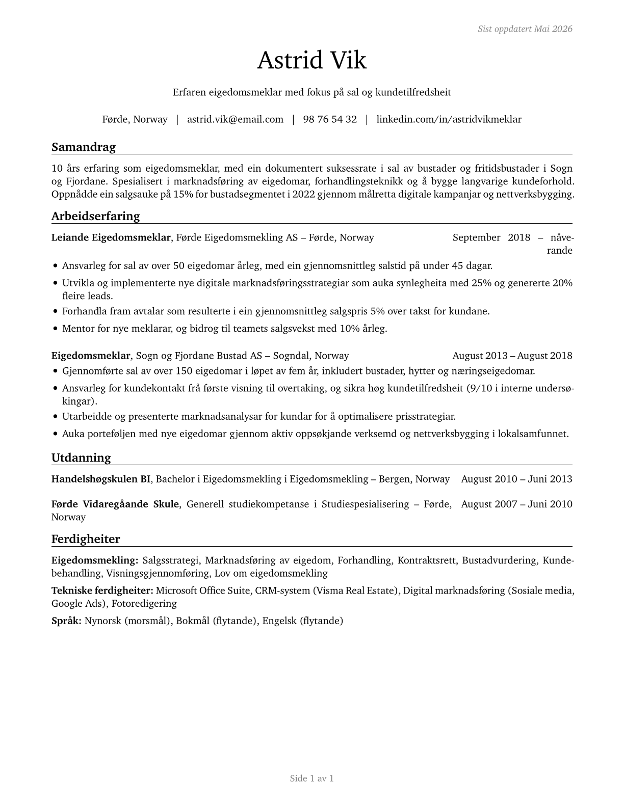 Real Estate Brokers CV in Norwegian_nynorsk — page 1