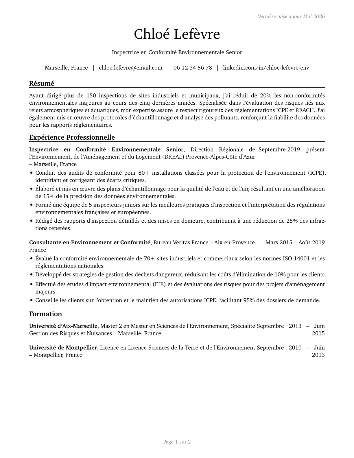 Environmental Compliance Inspectors CV in French — page 1