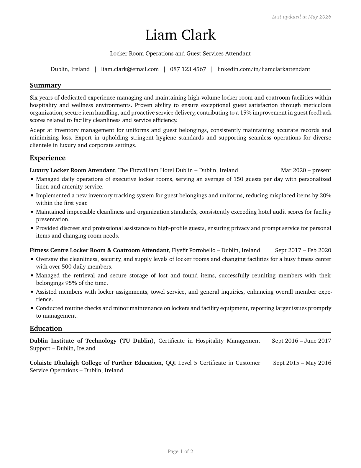 Locker Room, Coatroom, and Dressing Room Attendants CV in English — page 1