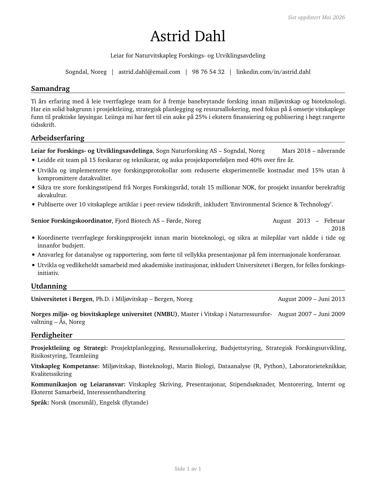 Natural Sciences Managers CV in Norwegian_nynorsk — page 1