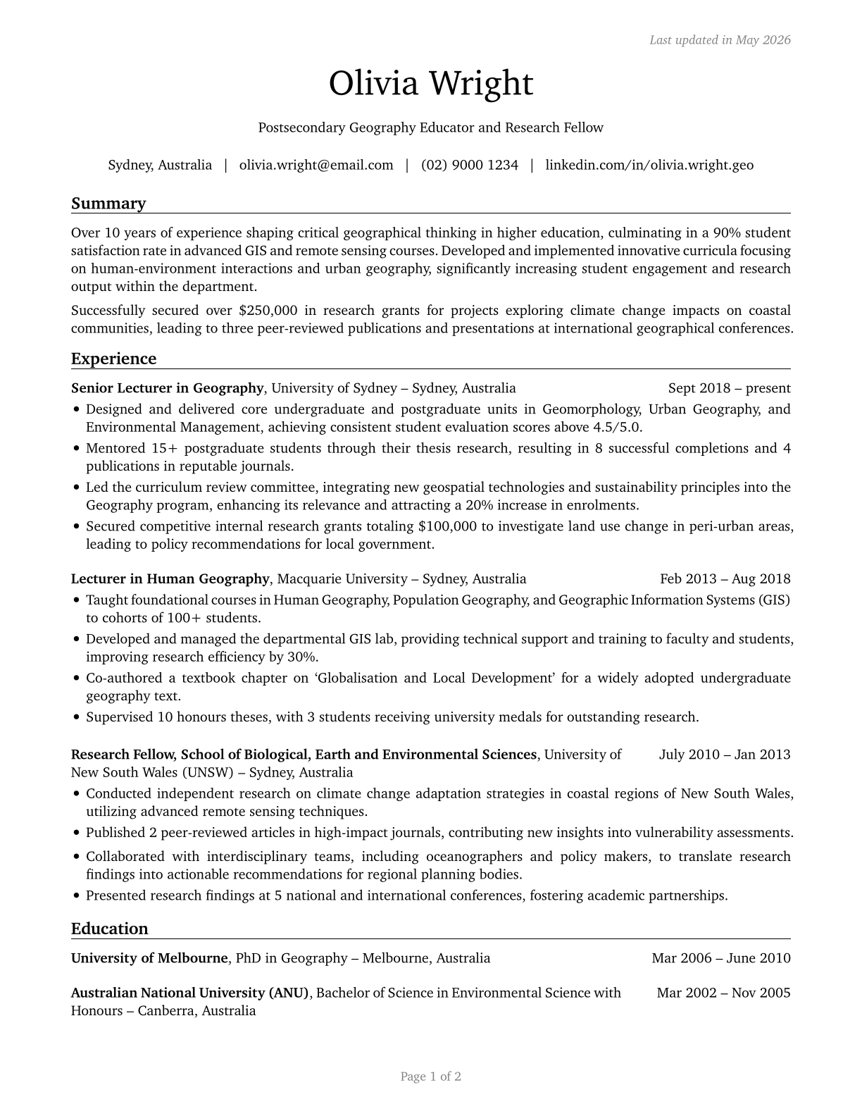 Geography Teachers, Postsecondary CV in English — page 1