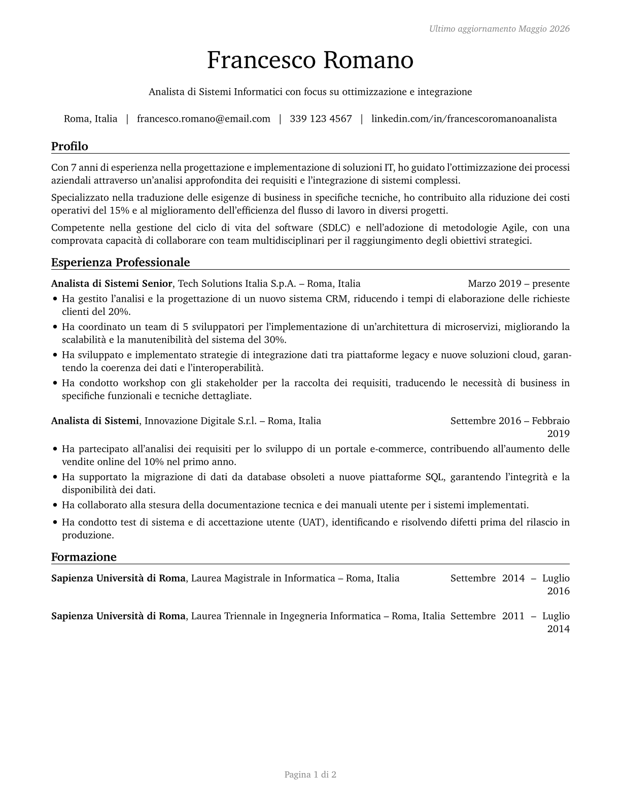 Computer Systems Analysts CV in Italian — page 1