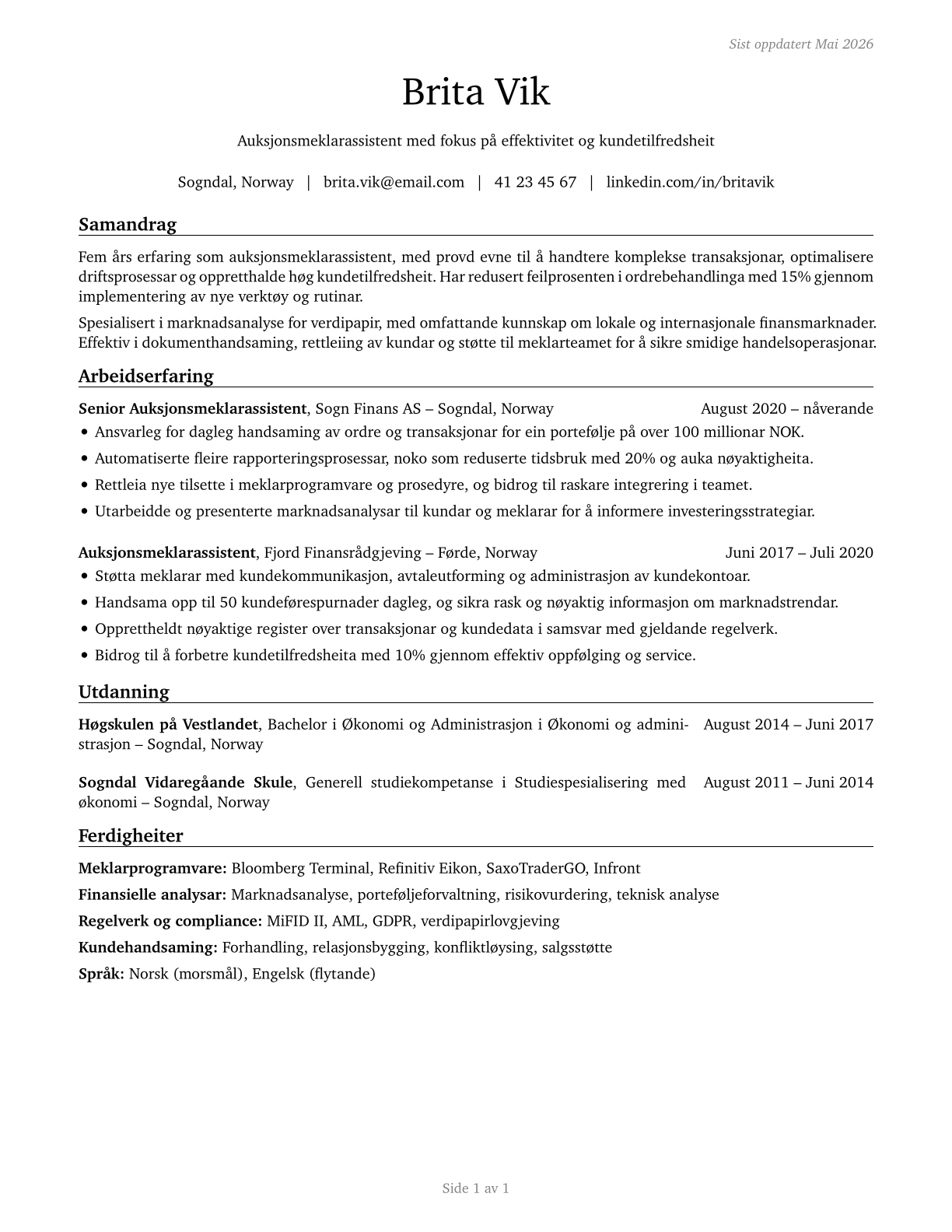 Brokerage Clerks CV in Norwegian_nynorsk — page 1