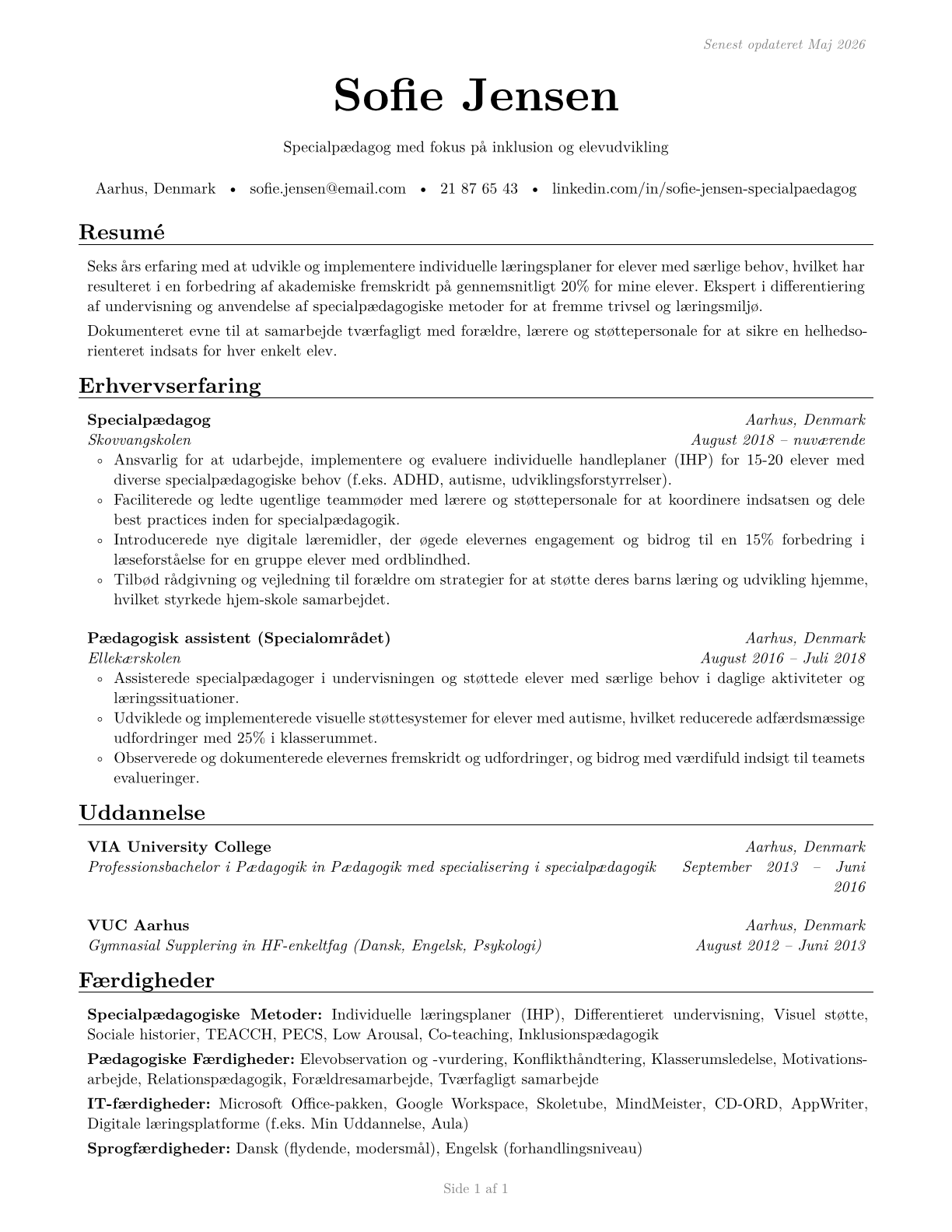 Special Education Teachers, All Other CV in Danish — page 1