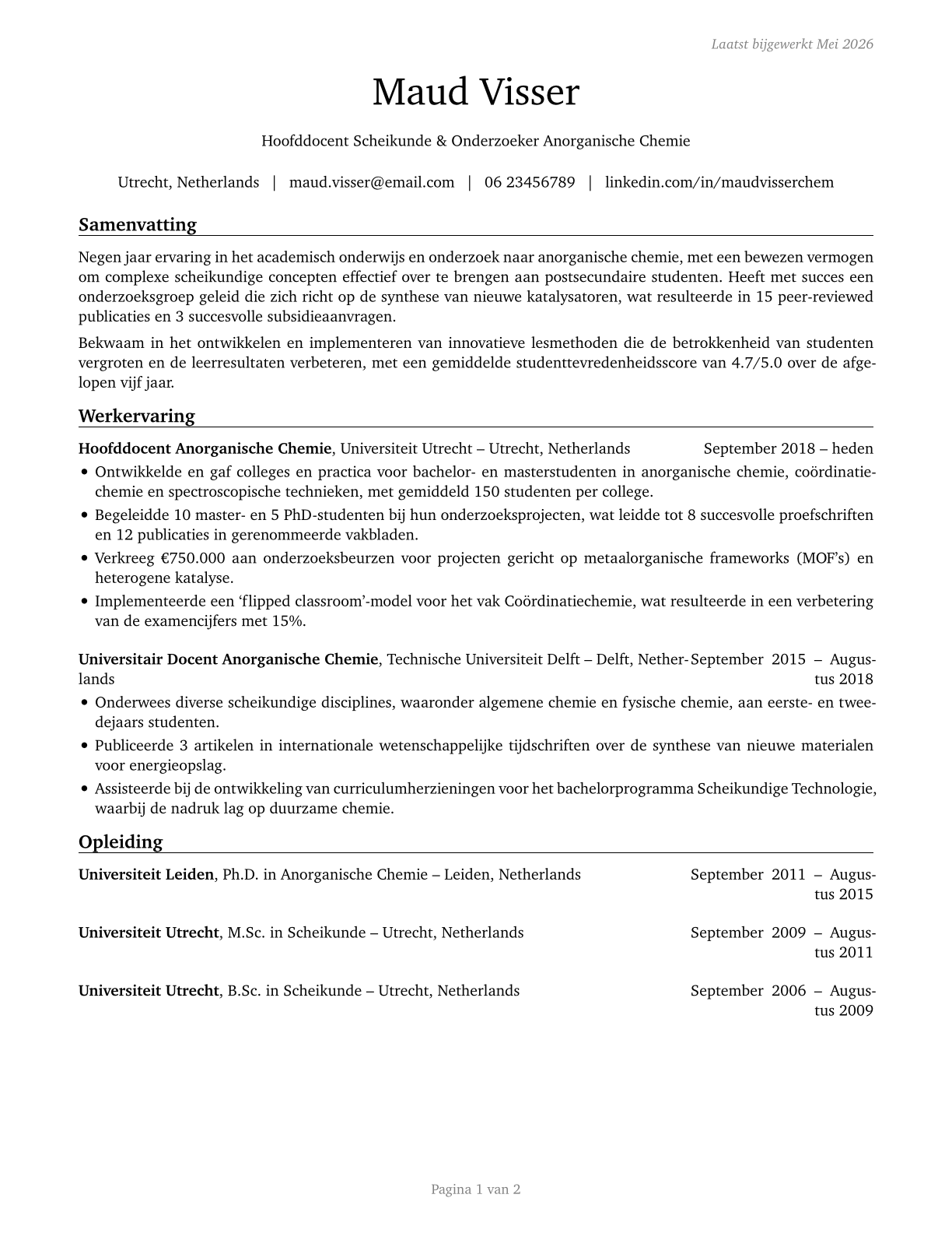 Chemistry Teachers, Postsecondary CV in Dutch — page 1