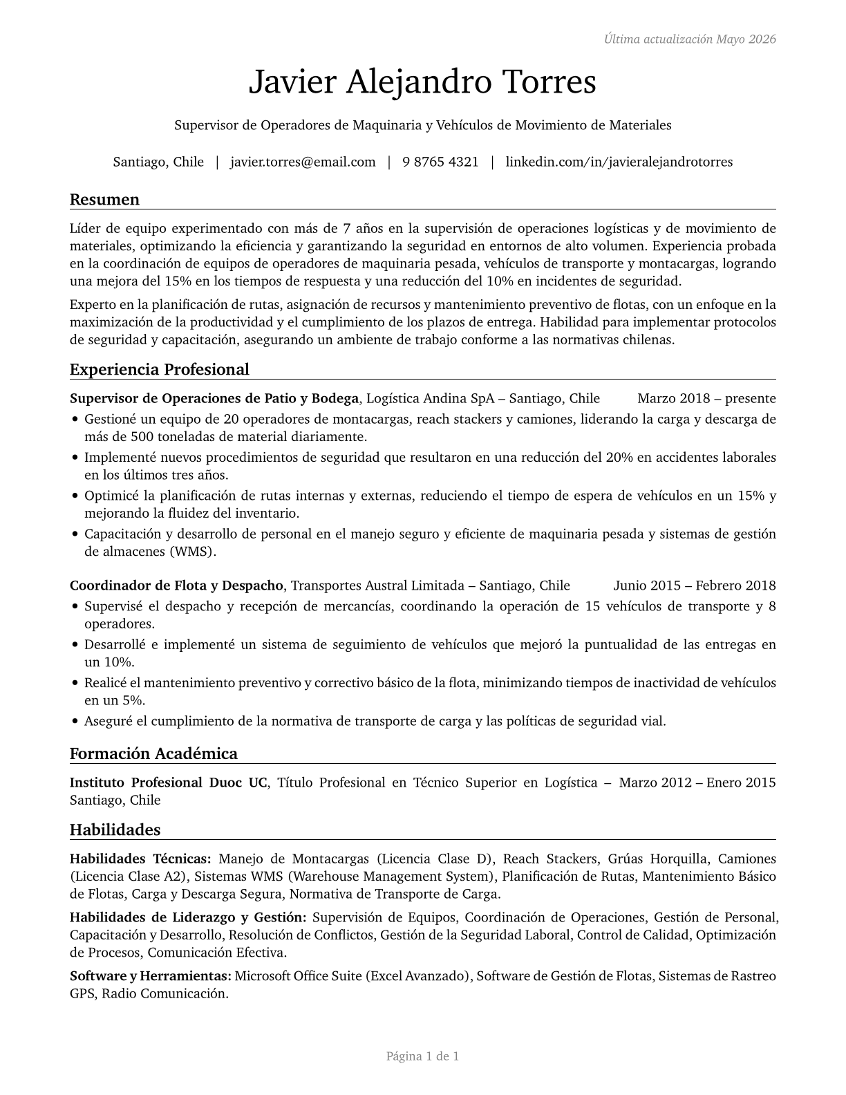 First-Line Supervisors of Material-Moving Machine and Vehicle Operators CV in Spanish — page 1