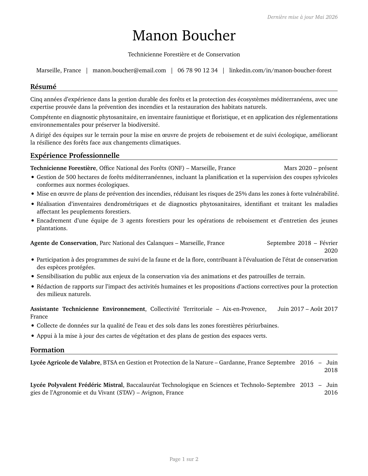 Forest and Conservation Workers CV in French — page 1