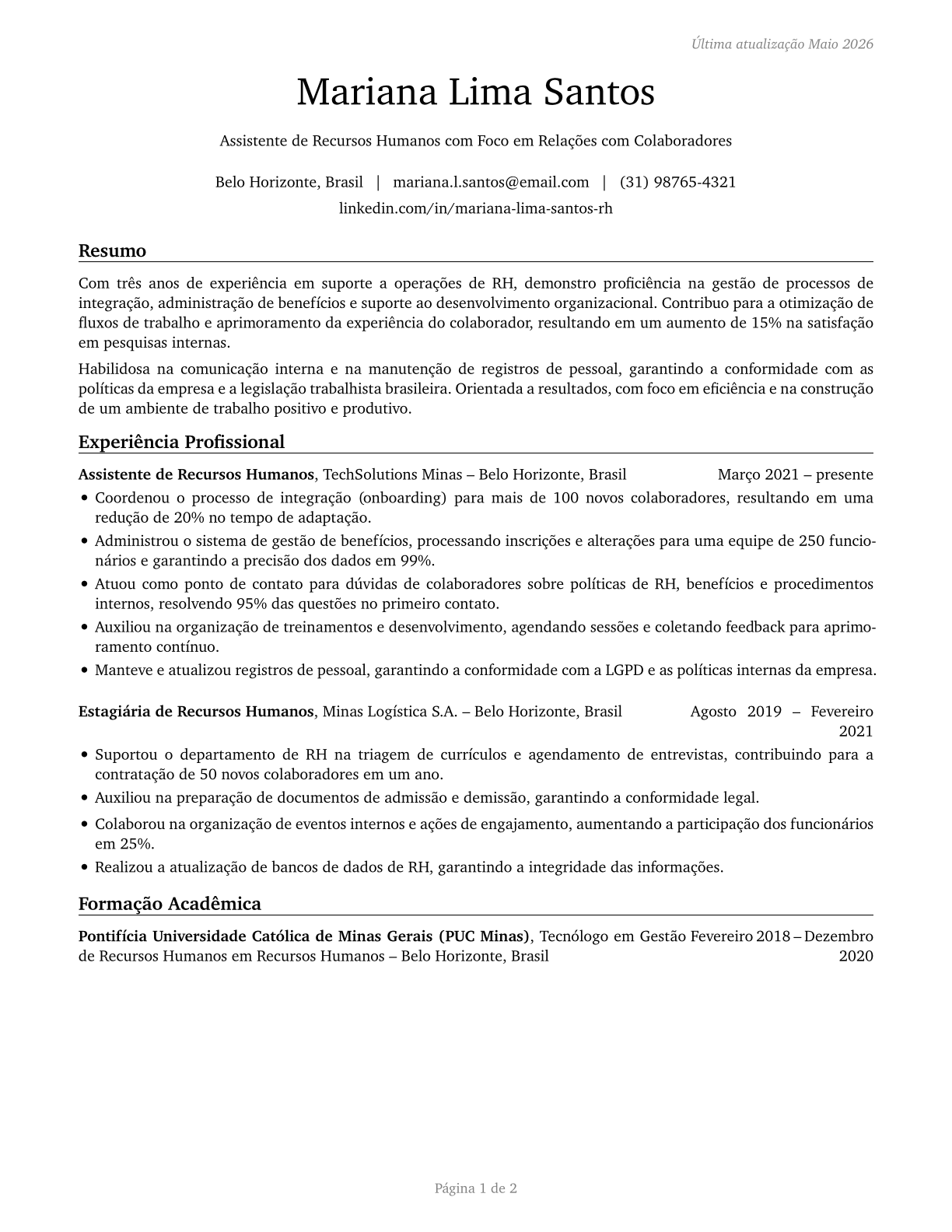 Human Resources Assistants, Except Payroll and Timekeeping CV in Portuguese — page 1