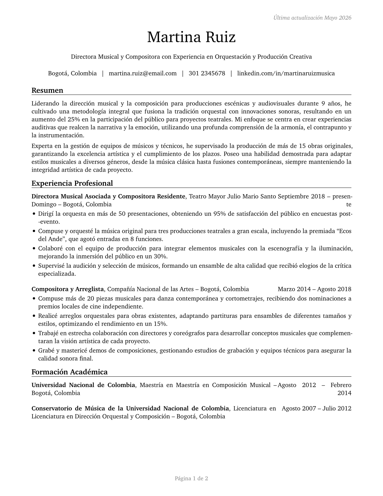 Music Directors and Composers CV in Spanish — page 1