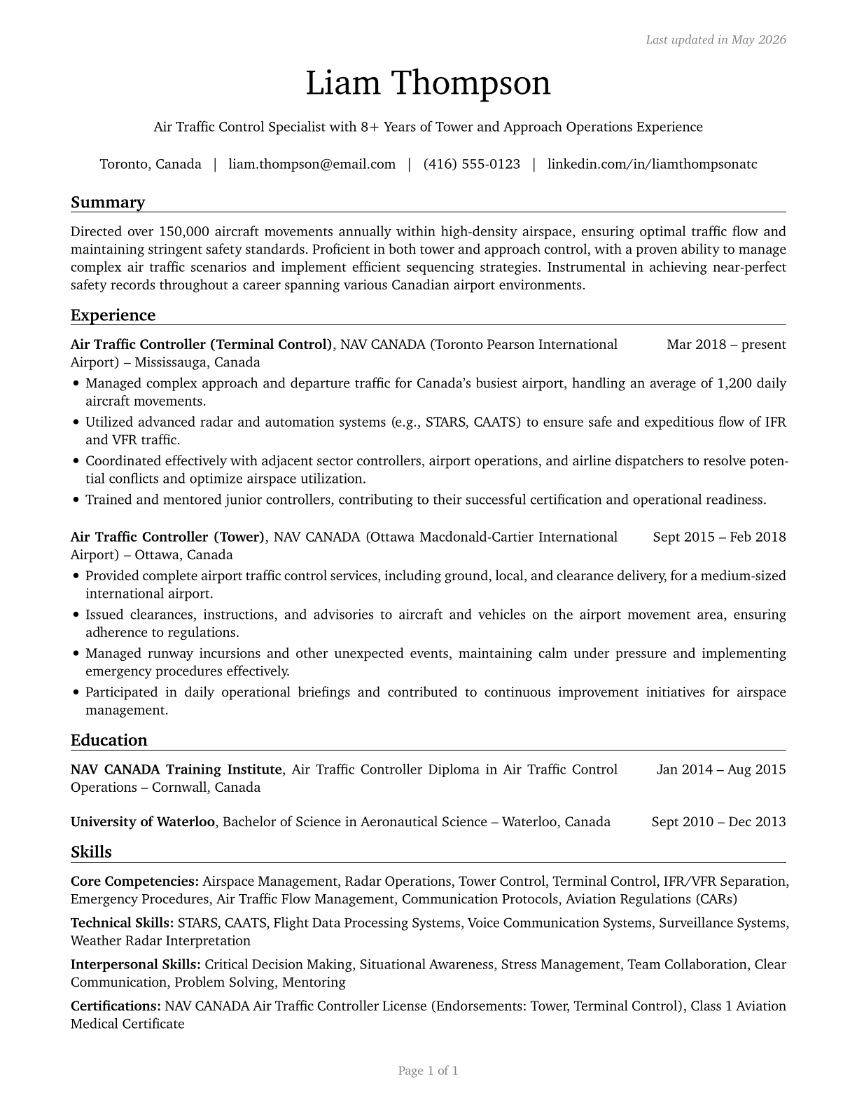 Air Traffic Controllers CV in English — page 1