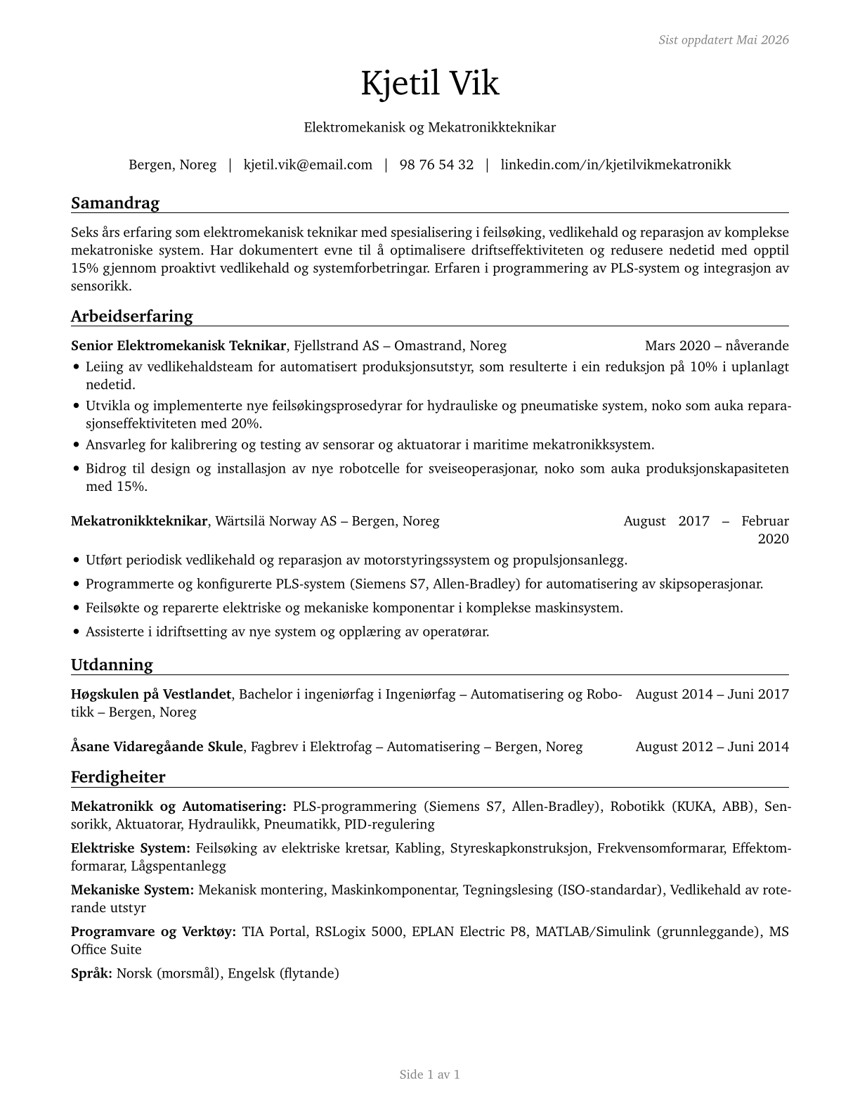 Electro-Mechanical and Mechatronics Technologists and Technicians CV in Norwegian_nynorsk — page 1