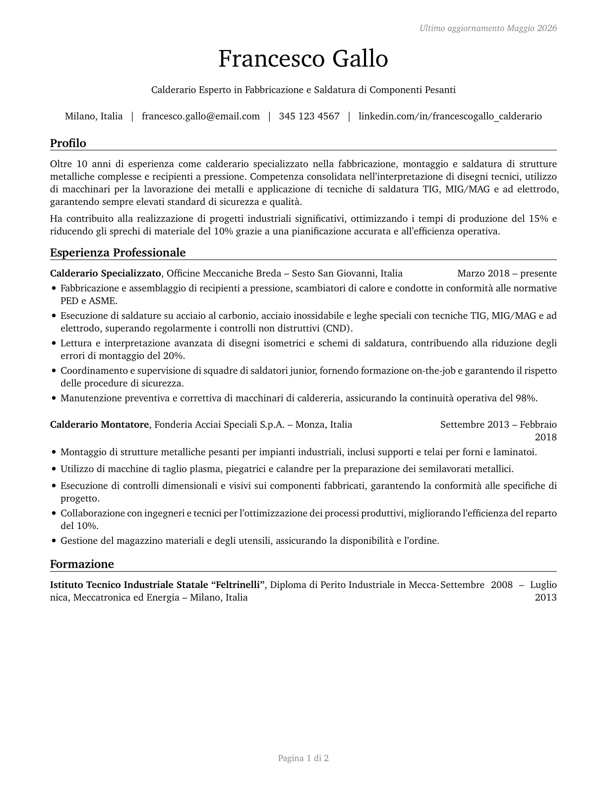 Boilermakers CV in Italian — page 1