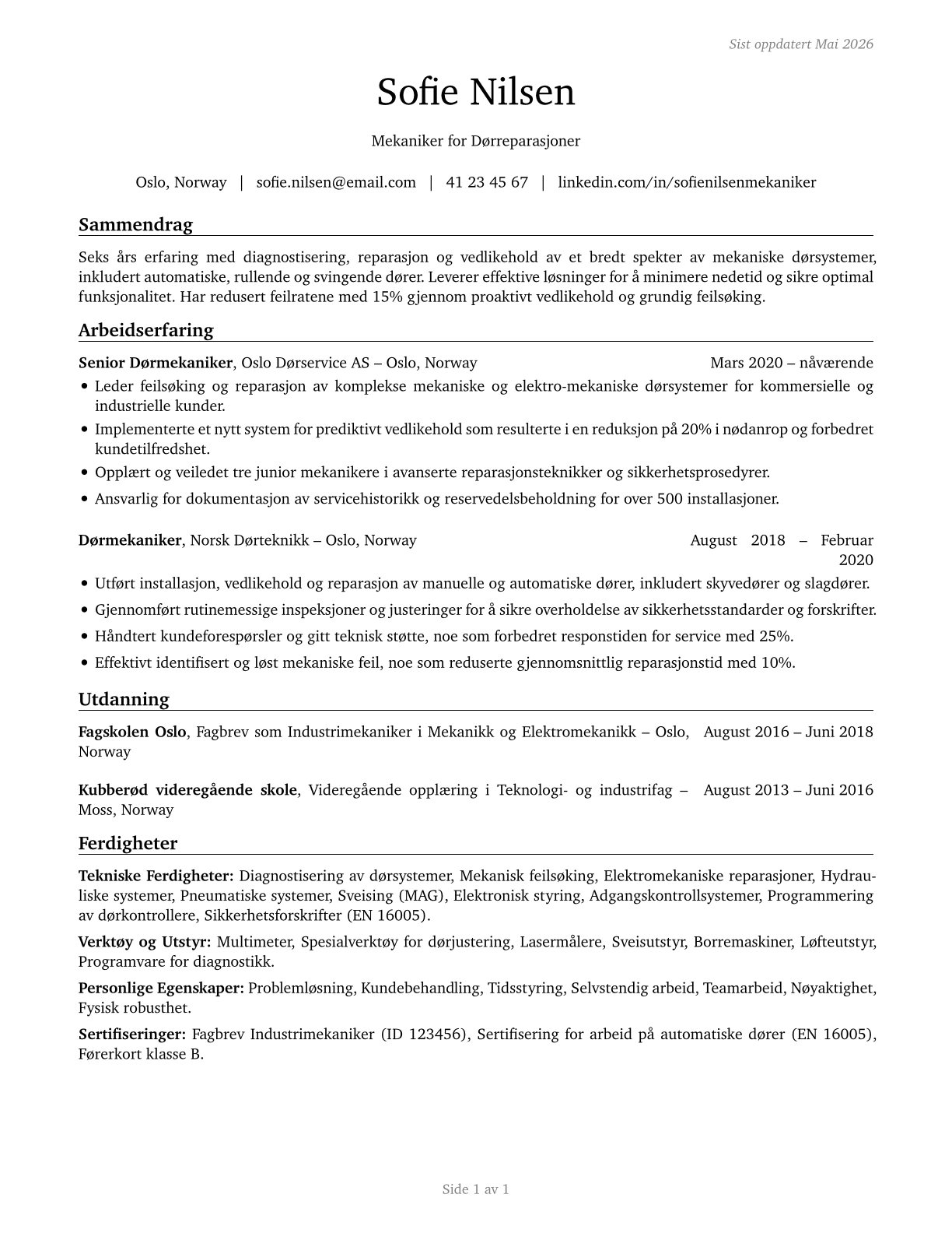 Mechanical Door Repairers CV in Norwegian_bokmal — page 1