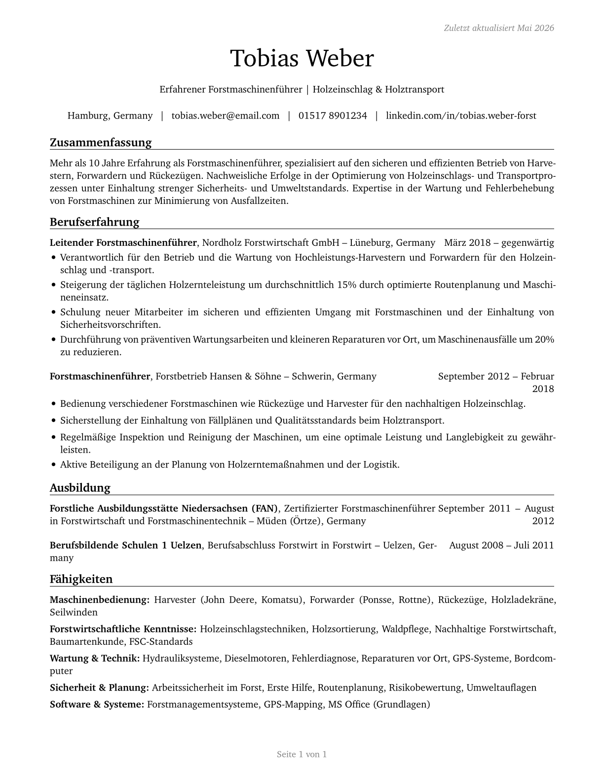 Logging Equipment Operators CV in German — page 1
