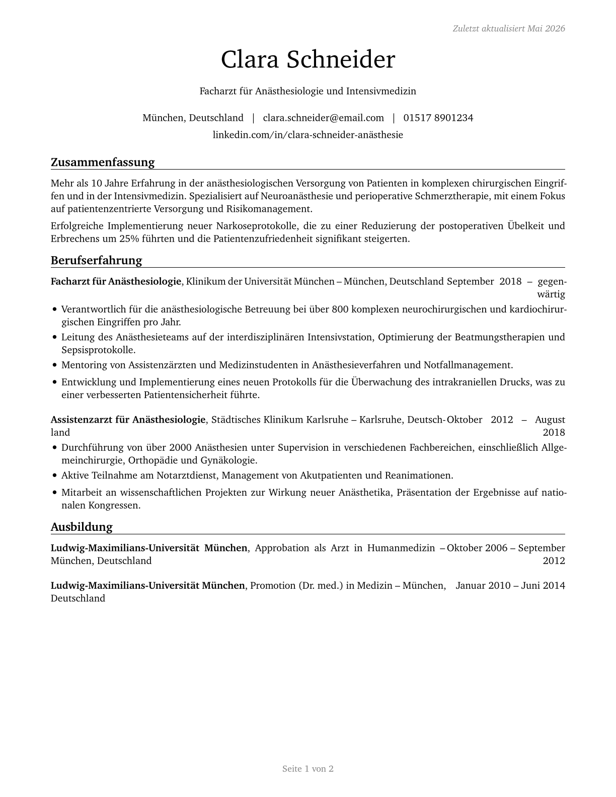Anesthesiologists CV in German — page 1