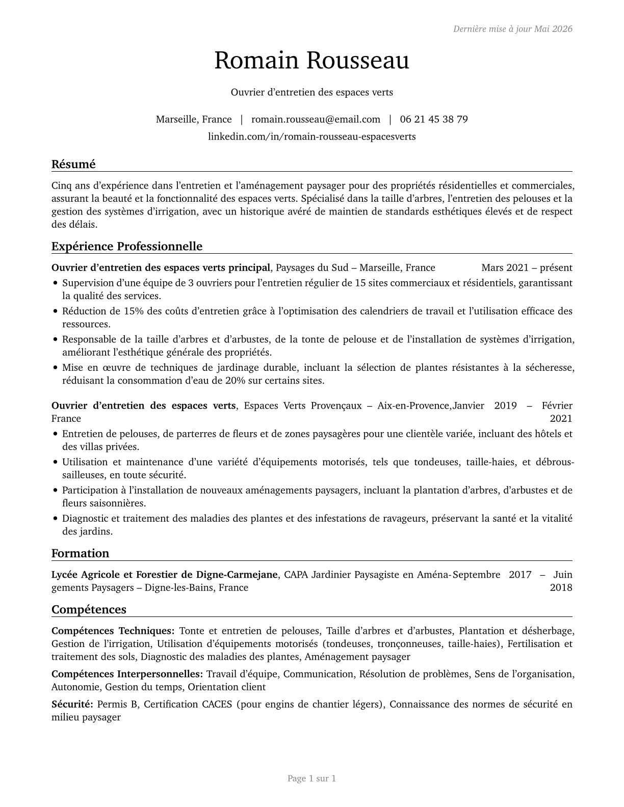 Grounds Maintenance Workers, All Other CV in French — page 1